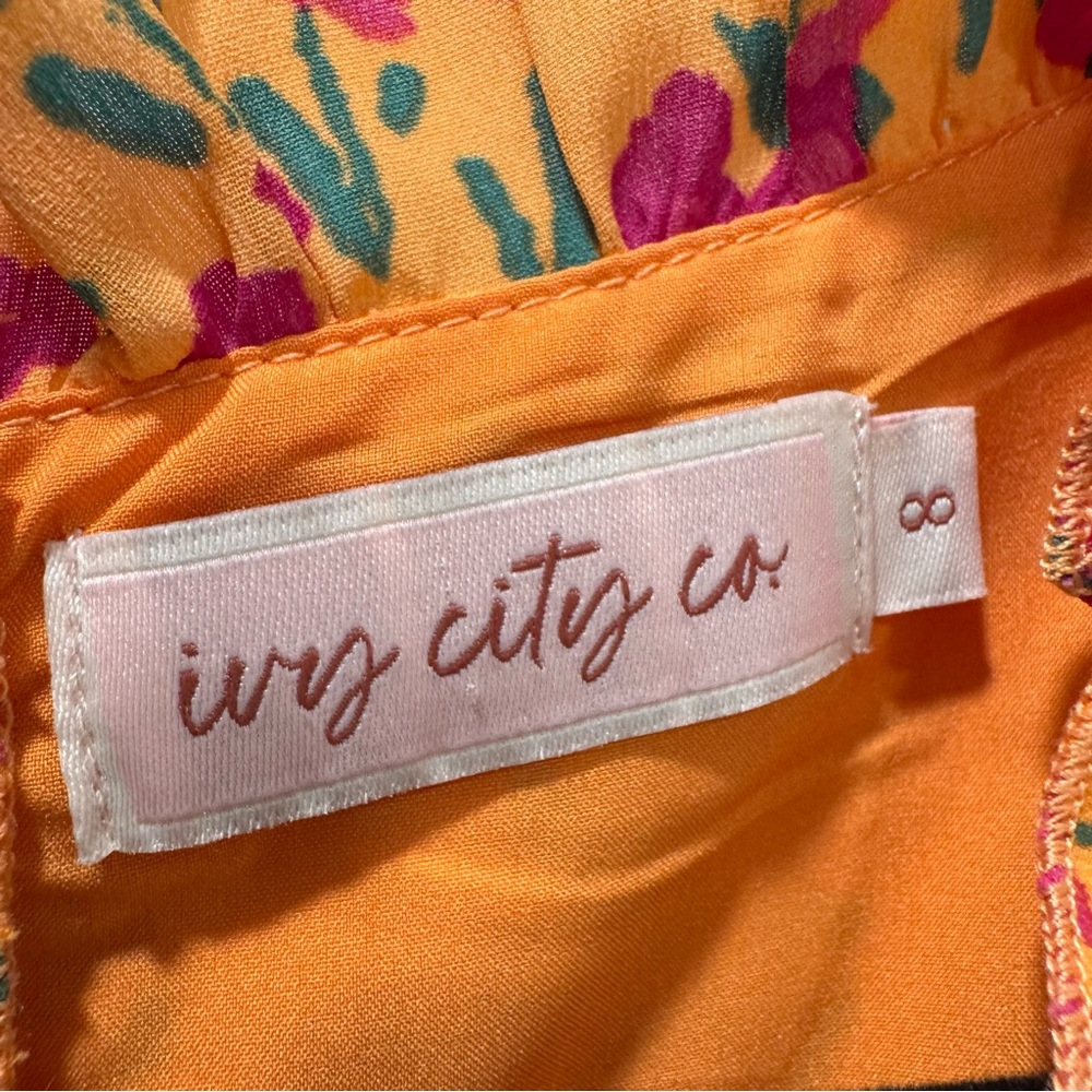EUC Ivy City Co Bright Orange Pink Floral Pleated Dress Knee Length Women's 8 - Picture 8 of 14